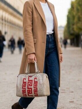 Versace Vintage Brocco Beige/Red Leather Boston Bag